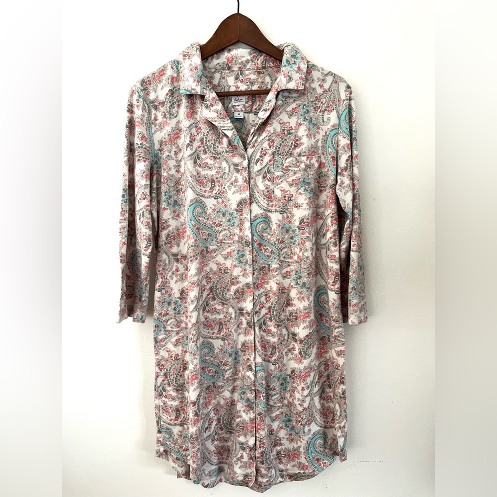 Echo Sleepwear Floral Paisley Button-Up Shirt Dress Pajamas Women’s Size Medium